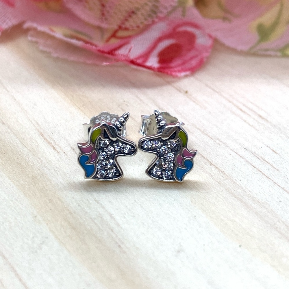 Sterling Silver 925 Unicorn Stud Earrings - Picture 2 of 5